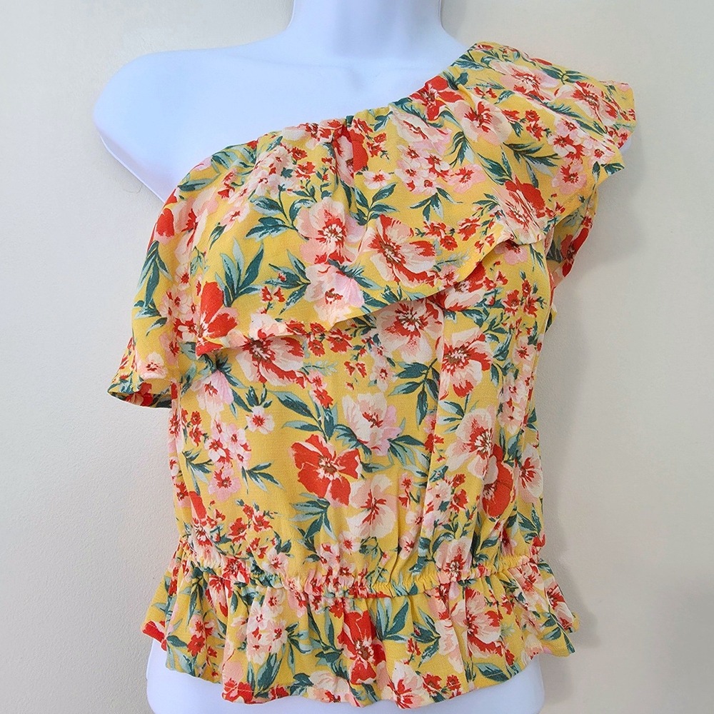 American Eagle Floral One Shoulder Ruffle Top Sz M Yellow Garden Bright‎ Boho